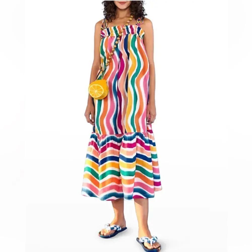 Farm Rio Women’s Dancing Stripes Tassel-Tie Midi Dress Multicolored Size XS